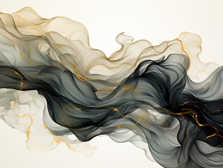 Abstract black ink waves and golden splashes on a modern watercolor background, suitable for an elegant card design for birthday invite or wedding. - obrazy, fototapety, plakaty