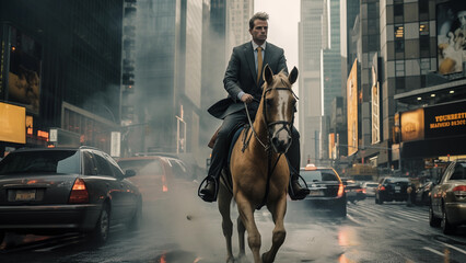 Business man riding a horse on the road - obrazy, fototapety, plakaty