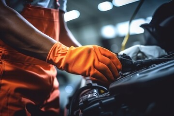 Car mechanic working in auto repair service. Mechanic checking car engine, Selective focus hands in gloves of expert technician electric car, AI Generated