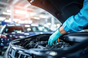 Car mechanic working in auto repair service. Closeup of male hands in gloves repairing car engine, Selective focus hands in gloves of expert technician electric car, AI Generated