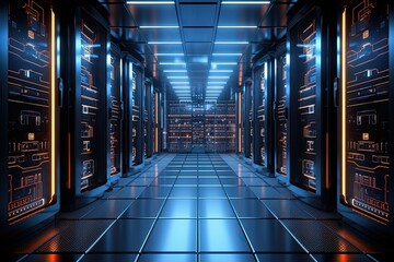 Server room data center. Datacenter hardware. Backup, mining, hosting, mainframe, farm and computer rack with storage information. 3d render, server room data center with rows, AI Generated