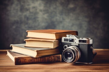 Vintage camera and books on wooden table over grunge background, render of a sexy woman in black lingerie over grey background, AI Generated - Powered by Adobe