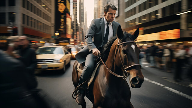 Business Man Riding A Horse On The Road