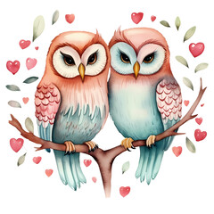 Obraz premium Watercolor Owls Sitting On Branch Valentine Clipart Illustration