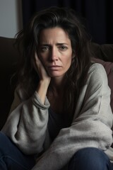 Sad, anxious, or abused woman sitting on the couch, Generative AI