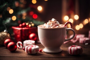 Obraz na płótnie Canvas Christmas drink. Cup of hot chocolate with marshmallows and red candy cane on festive background