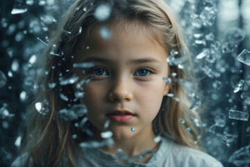Composite collage is an image of a little girl looking through the shards of a mirror made of broken glass. the concept of tragedy, car accident