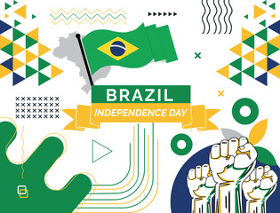 Brazil Map and raised fists. National day or Independence day design for Brazil celebration. Modern retro design with abstract icons. Vector illustration.