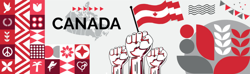 CANADA national day banner with map, flag colors theme background and geometric abstract retro modern colorfull design with raised hands or fists.