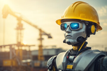 Fototapeta premium Engineer robot wearing yellow safety helmet in construction site 