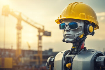 Fototapeta premium Engineer robot wearing yellow safety helmet in construction site 