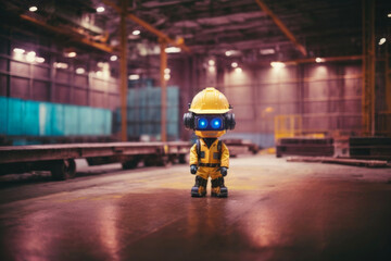 Engineer robot wearing yellow safety helmet in construction