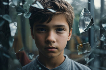 Composite collage is an image of a little man looking through the shards of a mirror made of broken glass. the concept of tragedy, car accident