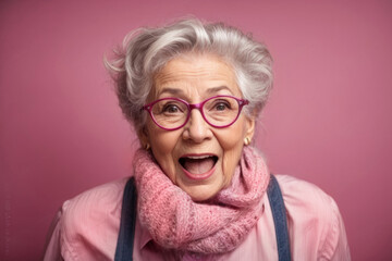 Excited crazy stylish grandma with open mouth listening to good news, amazed, wearing shirt, suspenders, isolated on pink-