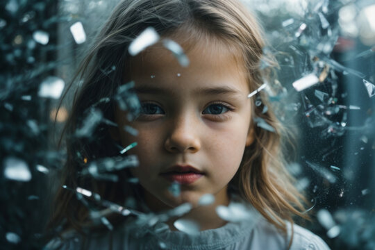 Composite collage is an image of a little girl looking through the shards of a mirror made of broken glass. the concept of tragedy, car accident