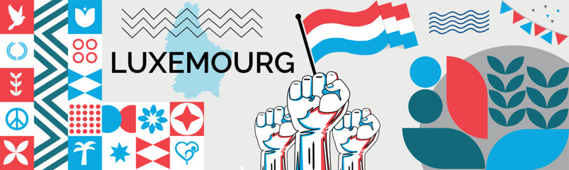 LUXEMOURG national day banner with map, flag colors theme background and geometric abstract retro modern colorfull design with raised hands or fists.