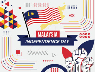 Malaysia national day banner with map, flag colors theme background and geometric abstract retro modern colorfull design with raised hands or fists.
