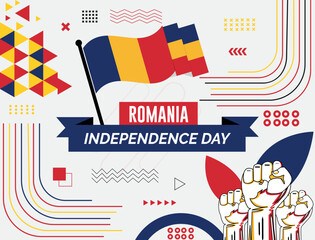 Romania national day banner with map, flag colors theme background and geometric abstract retro modern black yellow blue red design. abstract modern design.