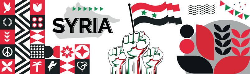 Syria Map and raised fists. National day or Independence day design for Syria celebration. Modern retro design with abstract icons. Vector illustration.