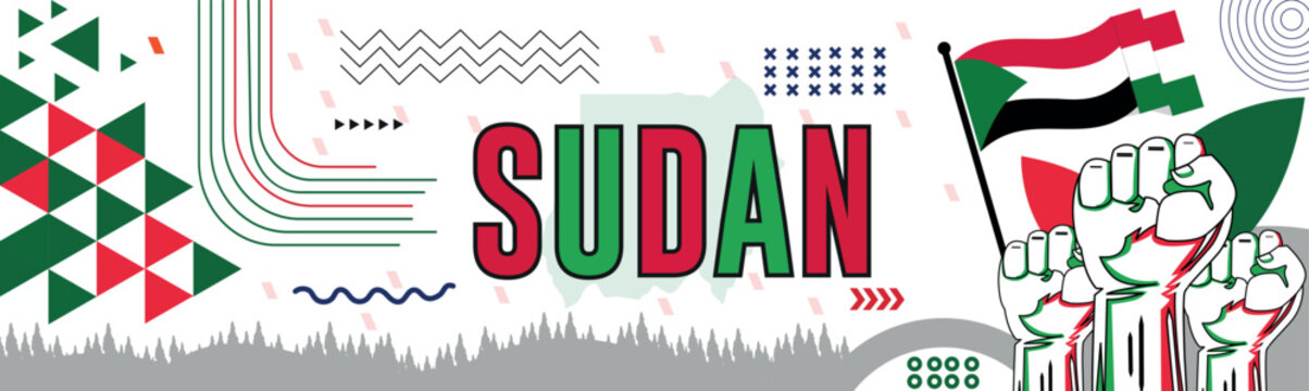 South sudan national day banner with map, flag colors theme background and geometric abstract retro modern black yellow red design. abstract modern design.