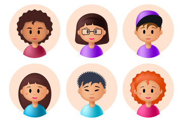 3d set children's avatar, cute face of a girl and boys with a smile and different hairstyle. Collection of happy children.	 set of people