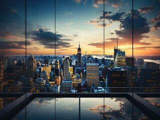 An office building glass in the context of a city skyline.
