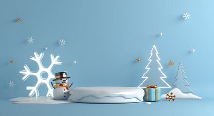 Winter display podium background with neon snowflake, snowman, spruce trees, gift box cartoon style, 3d rendering illustration