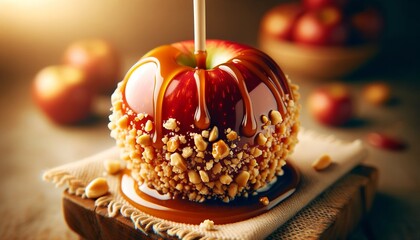 A scrumptious close-up of a caramel apple, a delightful treat often associated with the fall and Thanksgiving season.

