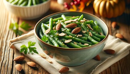 A delectable close-up of a bowl of green bean almondine, a cherished Thanksgiving side dish, set against a rustic backdrop.

