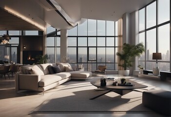 Zoom background a modern penthouse living room with large windows - obrazy, fototapety, plakaty