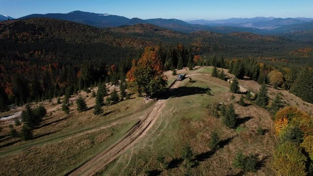 Panoramic view of the beautiful autumn mountains of the Carpathians. Frame from a 4k drone