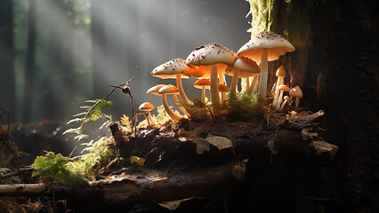 Poisonous mushrooms growing on rotten trees in a humid and dense forest. - obrazy, fototapety, plakaty