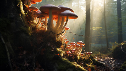 Poisonous mushrooms growing on rotten trees in a humid and dense forest. - obrazy, fototapety, plakaty