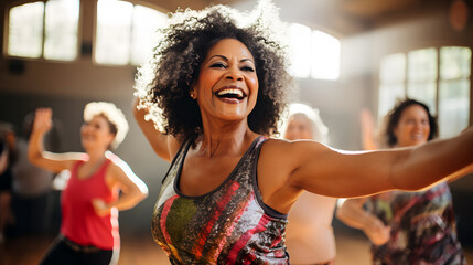Happy middle-aged women smiling enjoying Zumba class, Workout and fitness sport concept
