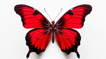 A stunning red butterfly displaying color shifts against a white backdrop. Crafted with the help of Generative AI.