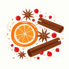 Cinnamon sticks, orange slices, star anise stars, red berries. Ingredients for warm winter drinks, mulled wine, hot glogg. Eastern spices. Vector seasonal illustration on a light background.