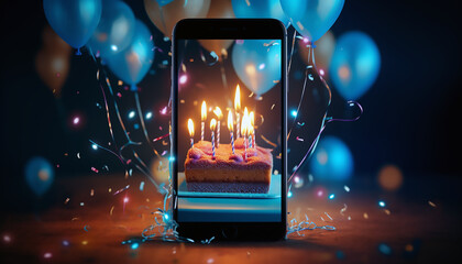 Smartphone negro de pie sobre mesa mostrando una fotografía en la pantalla de una tarta con velas, confeti y globos de color azul. - obrazy, fototapety, plakaty