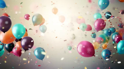 Fotobehang Imagen horizontal para celebraciones llena de globos y confeti de colores en el aire con fondo blanco. Decoración para fiesta de evento o aniversario. © BONI