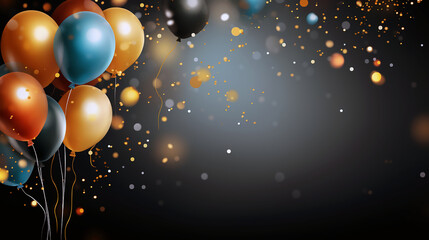 Imagen horizontal para fiesta o cumpleaños con globos flotando en la izquierda de colores dorados y azules, confeti volando y fondo negro.