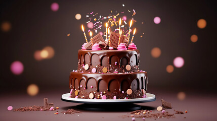 Pastel cumpleaños de chocolate  de dos pisos con velas y confeti alrededor y decorada con chocolate. Tarta de chocolate para cumpleaños. - obrazy, fototapety, plakaty