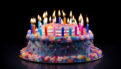 Pastel de cumpleaños morado decorado con velas de colores encendidas y virutas de colores sobre un...