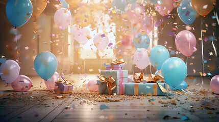 Habitación para celebrar feliz cumpleaños con dos regalos en el centro y globos en el aire azules y rosas, confeti dorado volando por la habitación. - obrazy, fototapety, plakaty