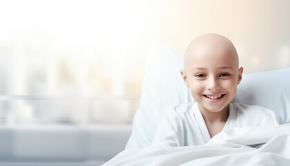 Bald child in hospital, being treated for cancer - obrazy, fototapety, plakaty