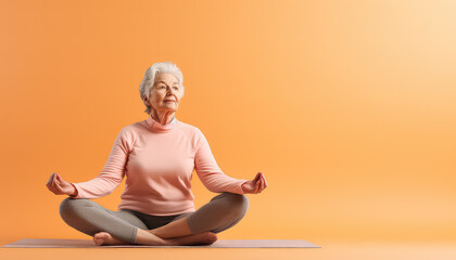 Fototapeta na wymiar elderly woman doing yoga in her apartment
