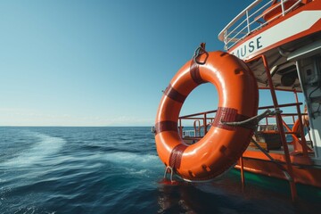 A ships cruise features an orange lifebuoy under an awning against the sea - obrazy, fototapety, plakaty