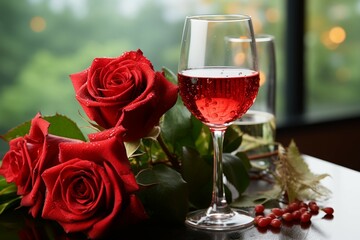 Classic Valentines imagery   a red rose and a glass of wine