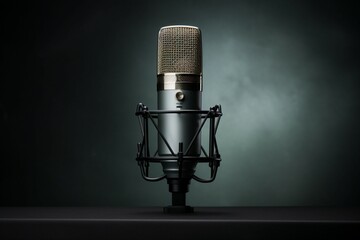 A studio microphone on a cool gray background, ready for podcasting