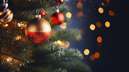Bright New Year decorations on the Christmas tree, festive background, beautiful card.