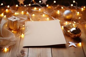 Blank paper set among the sparkling charm of Christmas lights and decorations