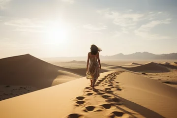 Foto op Plexiglas Back view of a barefoot woman walking on a desert dune © Muhammad Shoaib